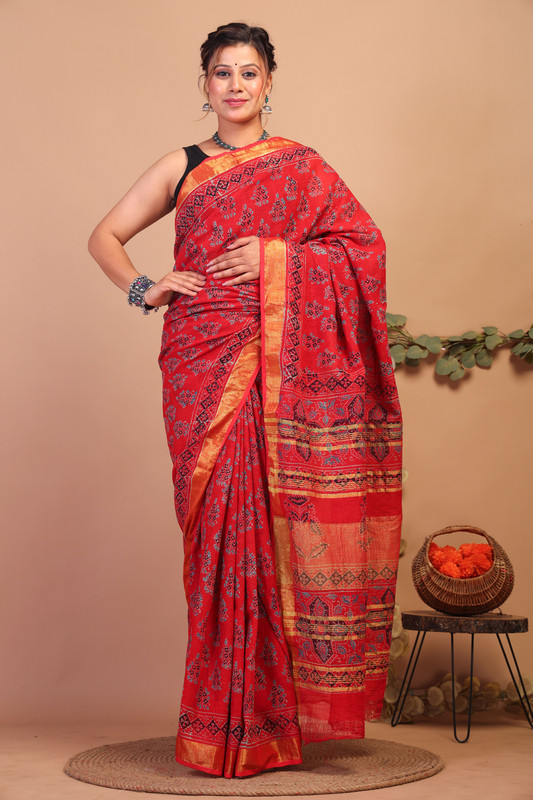 Bhagalpuri Pure Linen Red Hand Block Ethnic Saree With Blouse