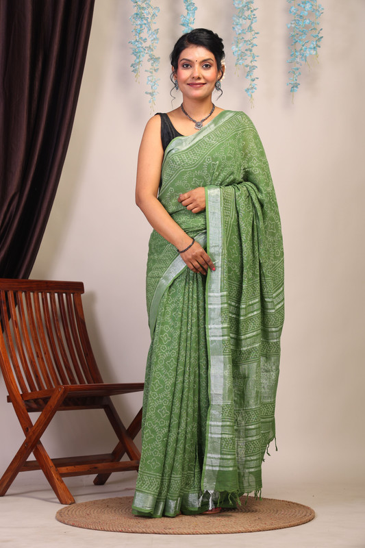 Bhagalpuri Cotton Linen Olive Green Hand Block Ethnic Saree With Blouse