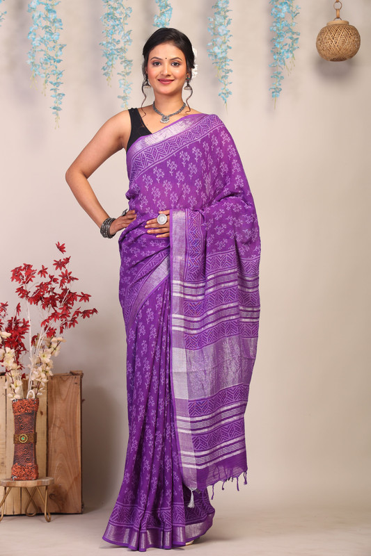 Bhagalpuri Cotton Linen Purple Hand Block Ethnic Saree With Blouse