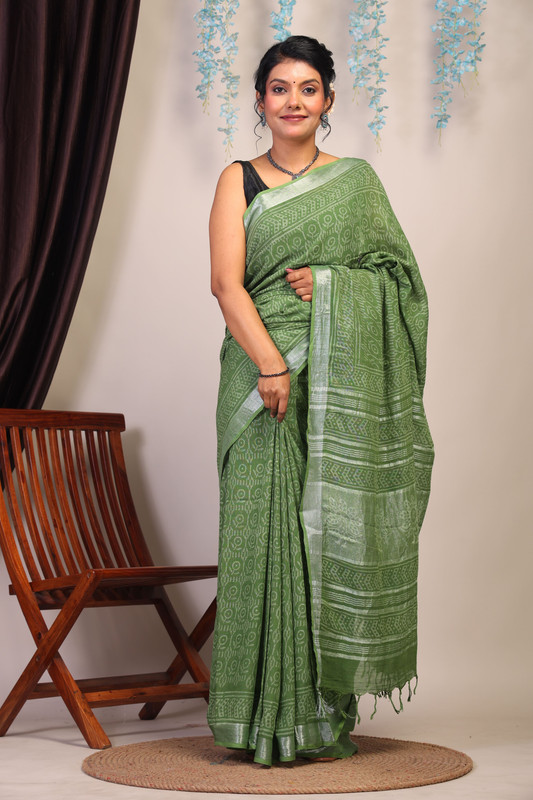 Bhagalpuri Cotton Linen Olive Green Hand Block Ethnic Saree With Blouse