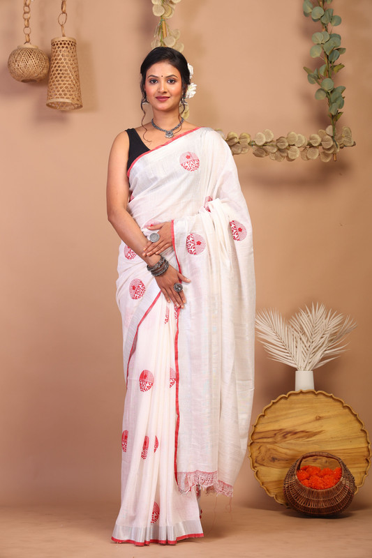 Bhagalpuri Cotton Linen White Embroidered Ethnic Saree With Blouse