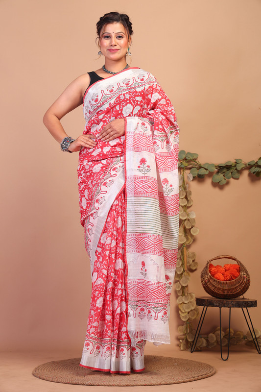 Bhagalpuri Cotton Linen Red Pigment (Hand Block) Ethnic Saree With Blouse