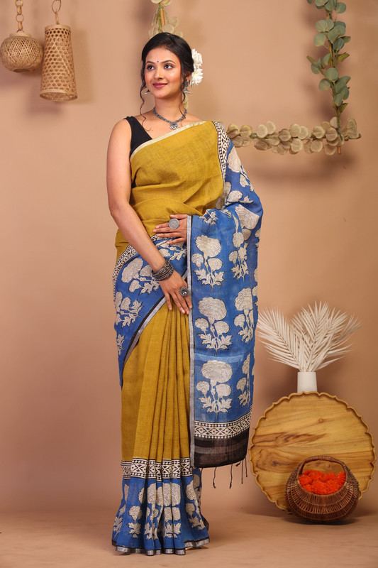 Bhagalpuri Pure Linen Olive Green & Blue Hand Block Ethnic Saree With Blouse