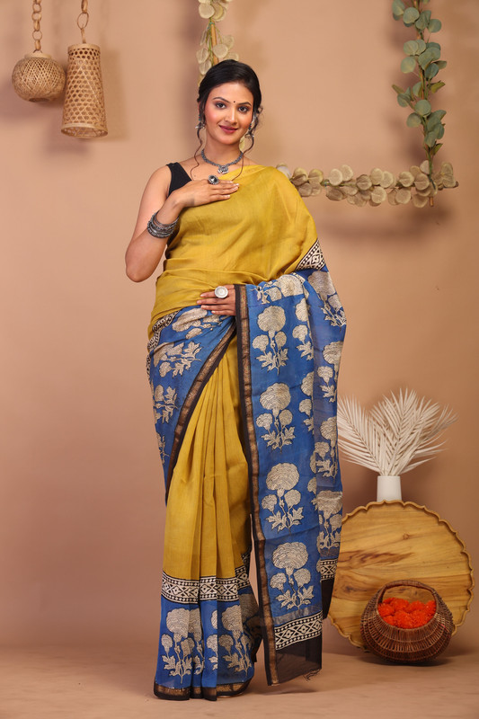 Bhagalpuri Cotton Silk Olive Green & Blue Hand Block Ethnic Saree With Blouse