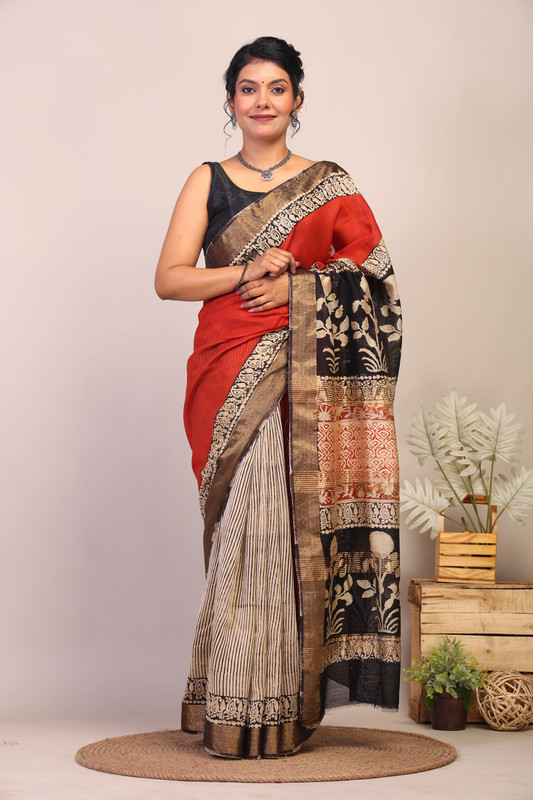 Bhagalpuri Cotton Silk Multicolor Hand Block Ethnic Saree With Blouse
