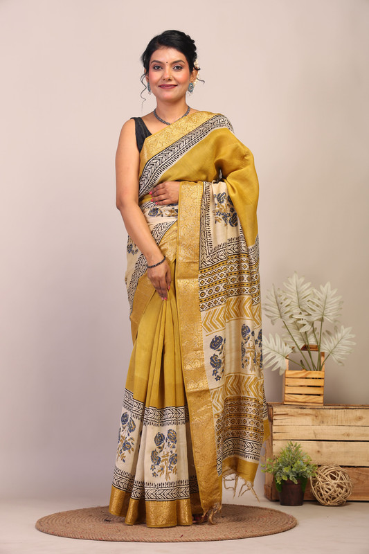 Bhagalpuri Cotton Silk Olive Green & Cream Hand Block Ethnic Saree With Blouse