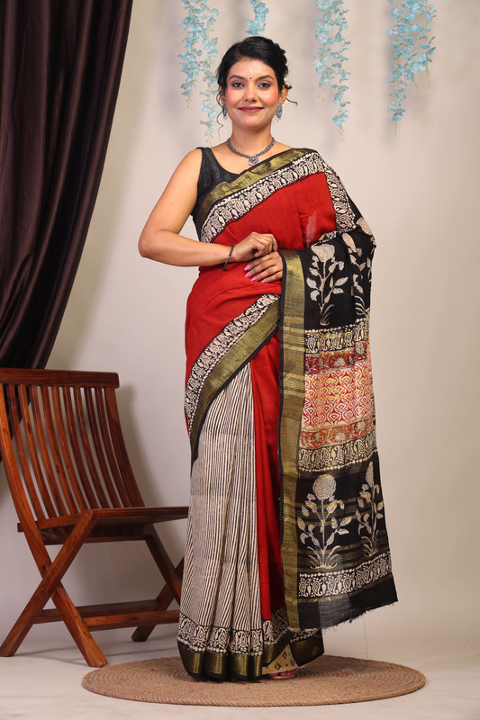 Bhagalpuri Cotton Linen Multicolor Hand Block Ethnic Saree With Blouse