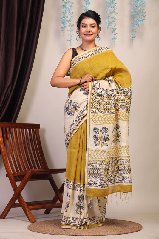 Bhagalpuri Pure Linen Olive Green & Cream Hand Block Ethnic Saree With Blouse