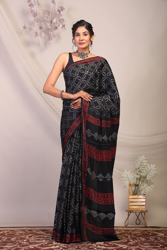 Bhagalpuri Modal Silk Black & Grey Hand Block Ethnic Saree With Blouse