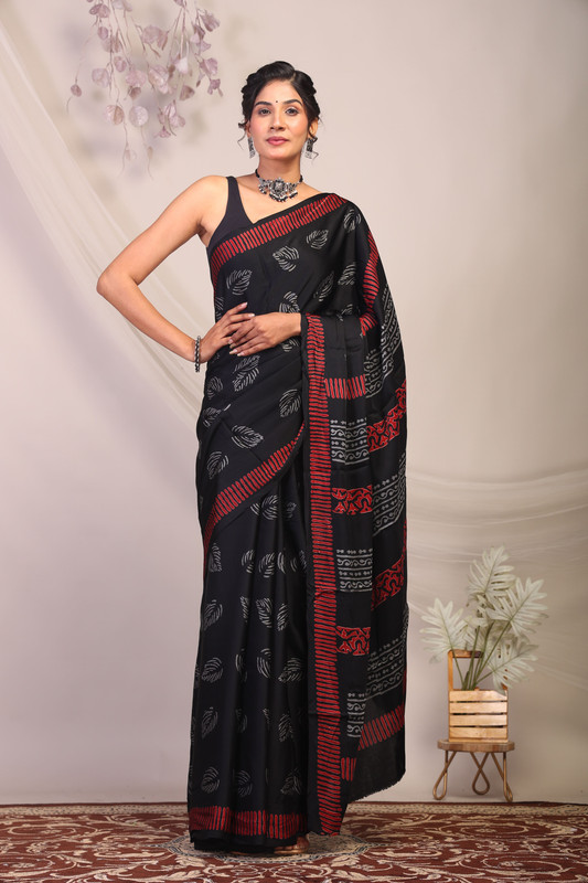 Bhagalpuri Modal Silk Black & Grey Hand Block Ethnic Saree With Blouse
