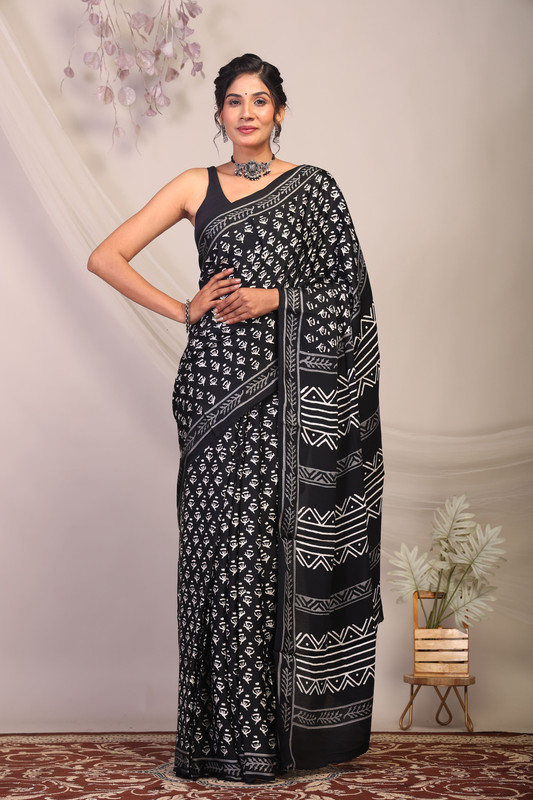 Bhagalpuri Modal Silk Black & White Hand Block Ethnic Saree With Blouse