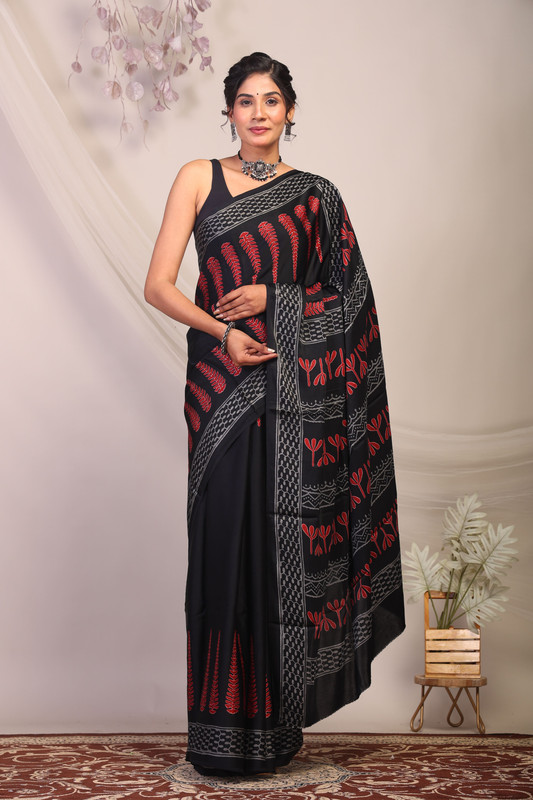 Bhagalpuri Modal Silk Black & Red Hand Block Ethnic Saree With Blouse