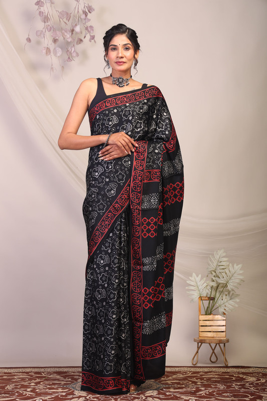Bhagalpuri Modal Silk Black & Grey Hand Block Ethnic Saree With Blouse