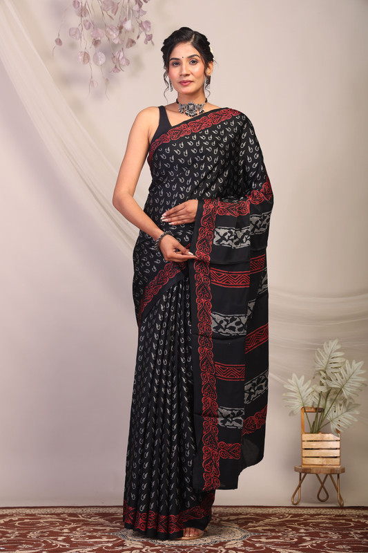 Bhagalpuri Modal Silk Black & Grey Hand Block Ethnic Saree With Blouse