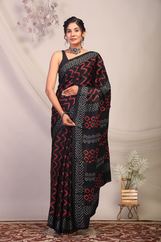 Bhagalpuri Modal Silk Black & Red Hand Block Ethnic Saree With Blouse