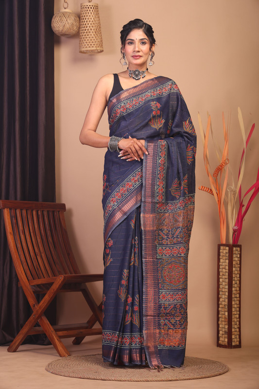 Bhagalpuri Cotton Silk Navy Blue Hand Block Ethnic Saree With Blouse