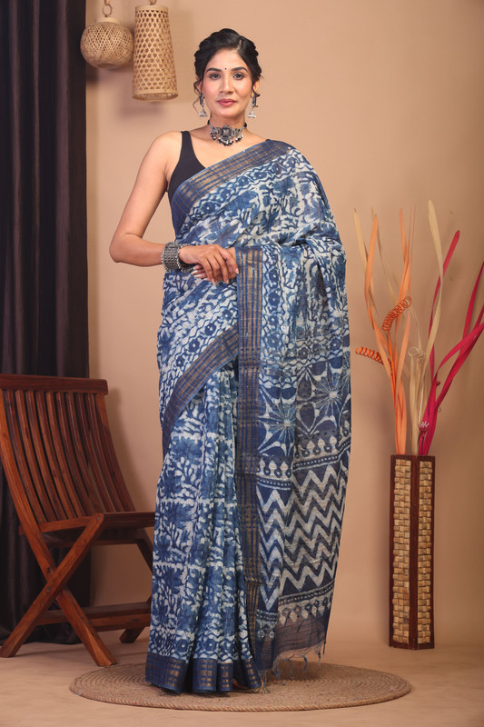 Bhagalpuri Cotton Silk Indigo Blue Hand Block Ethnic Saree With Blouse