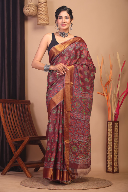 Bhagalpuri Cotton Silk Maroon Hand Block Ethnic Saree With Blouse
