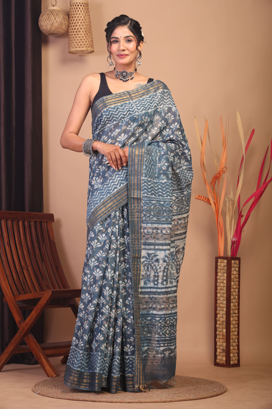 Bhagalpuri Cotton Silk Stone Blue Hand Block Ethnic Saree With Blouse