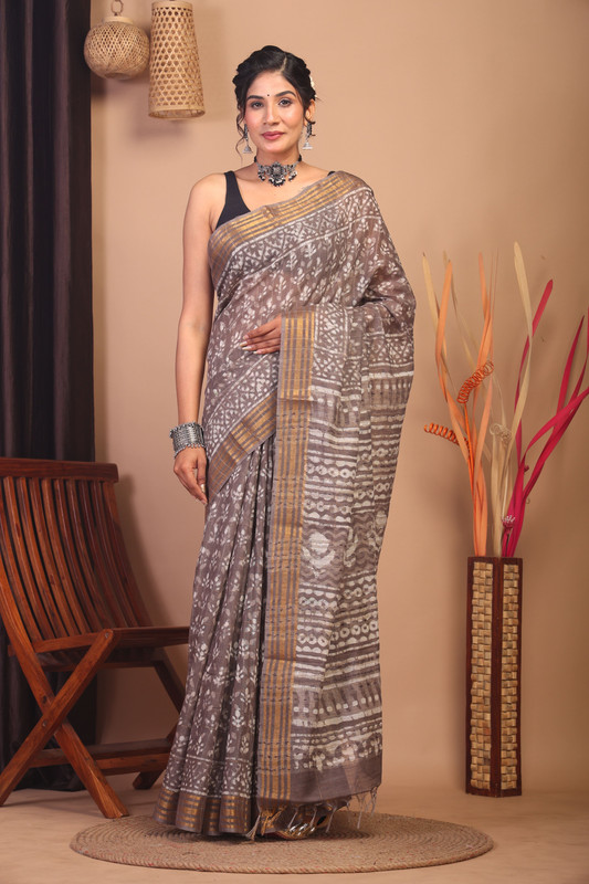 Bhagalpuri Cotton Silk Brown Hand Block Ethnic Saree With Blouse