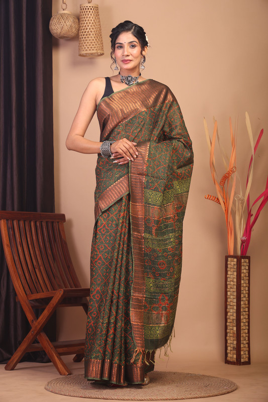 Bhagalpuri Cotton Silk Green Hand Block Ethnic Saree With Blouse