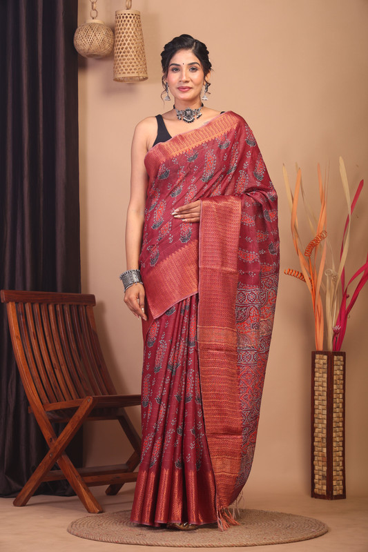 Bhagalpuri Cotton Silk Maroon Hand Block Ethnic Saree With Blouse