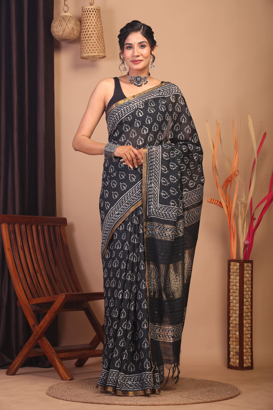 Bhagalpuri Cotton Silk Black & White Hand Block Ethnic Saree With Blouse