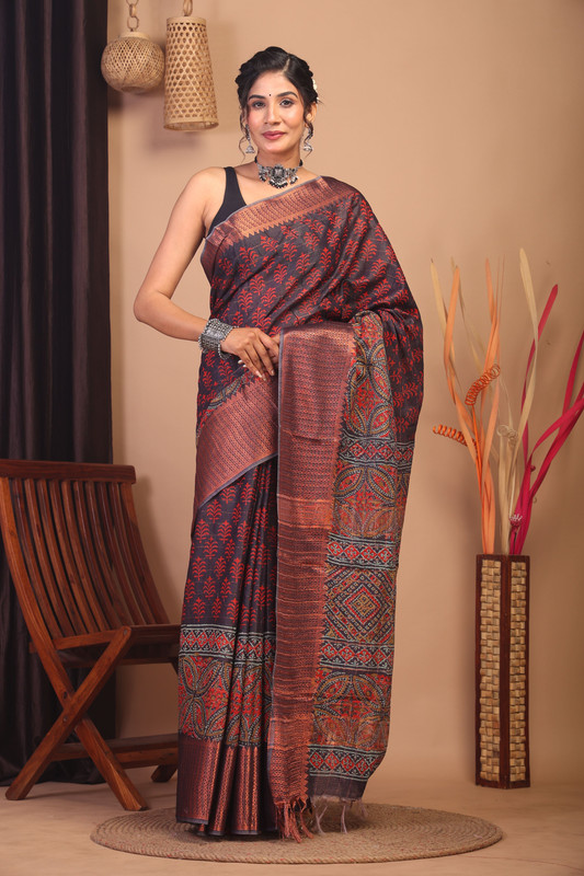 Bhagalpuri Cotton Silk Dark Purple Hand Block Ethnic Saree With Blouse