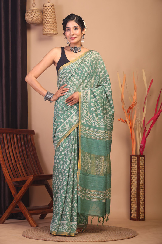 Bhagalpuri Cotton Silk Green Hand Block Ethnic Saree With Blouse