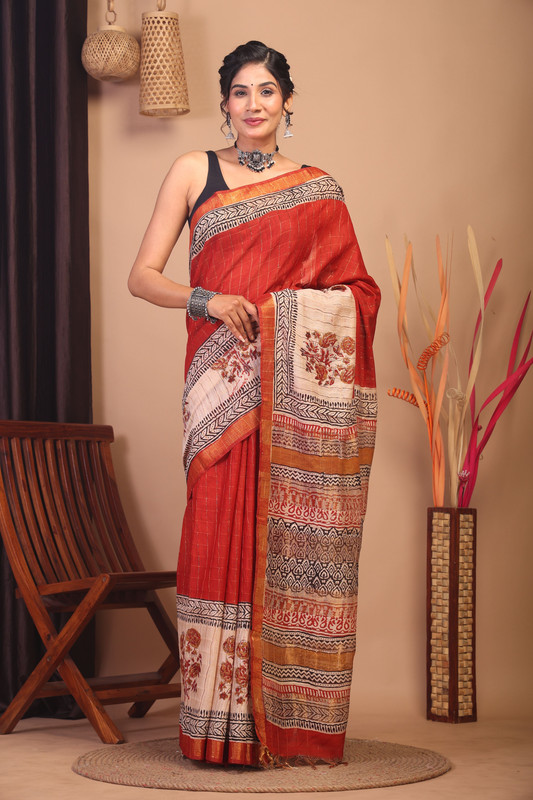 Bhagalpuri Cotton Silk Red & Beige Hand Block Ethnic Saree With Blouse