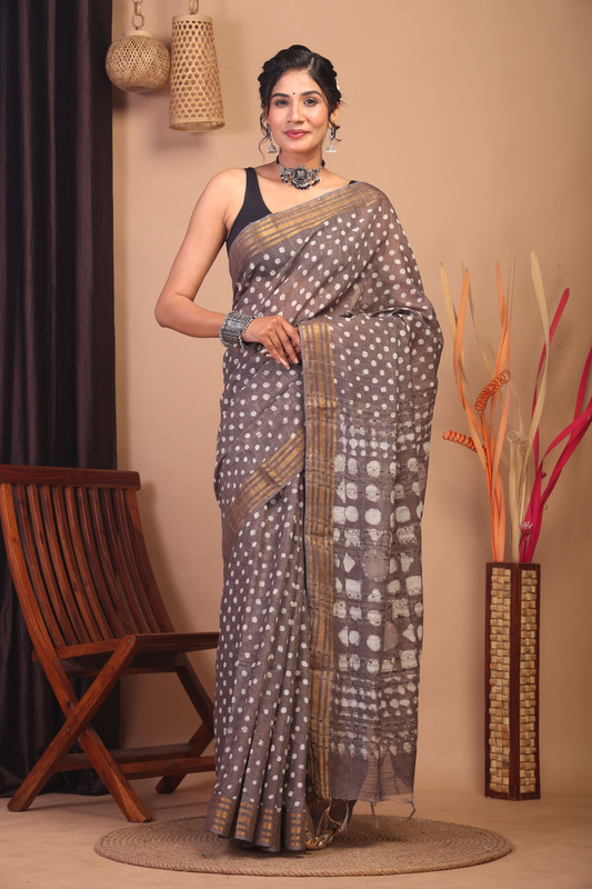 Bhagalpuri Cotton Silk Brown Hand Block Ethnic Saree With Blouse