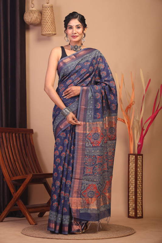 Bhagalpuri Cotton Silk Navy Blue Hand Block Ethnic Saree With Blouse