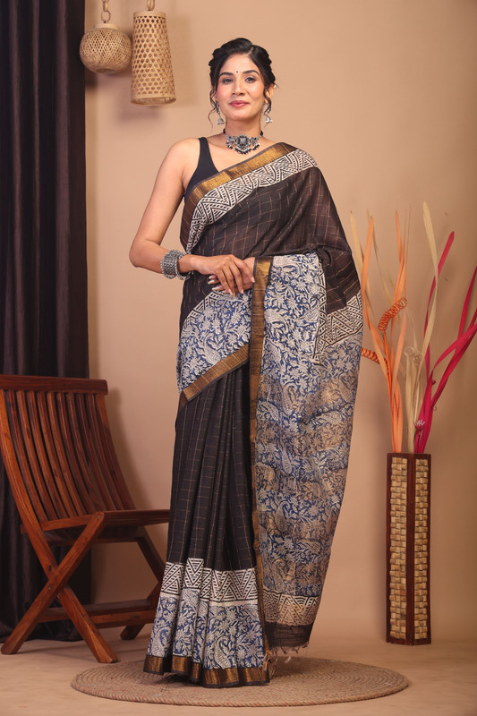 Bhagalpuri Cotton Silk Black & Blue Hand Block Ethnic Saree With Blouse
