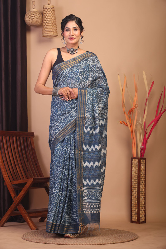 Bhagalpuri Cotton Silk Stone Blue Hand Block Ethnic Saree With Blouse