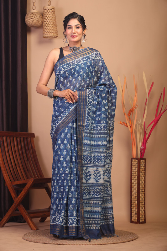 Bhagalpuri Cotton Silk Indigo Blue Hand Block Ethnic Saree With Blouse