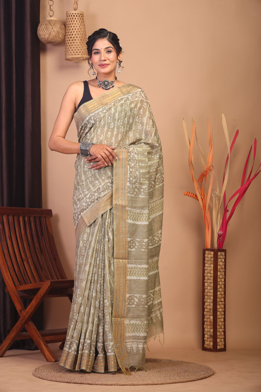 Bhagalpuri Cotton Silk Olive Green Hand Block Ethnic Saree With Blouse