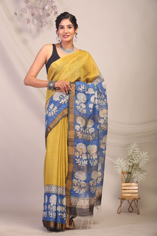 Bhagalpuri Cotton Silk Olive Green & Blue Hand Block Ethnic Saree With Blouse