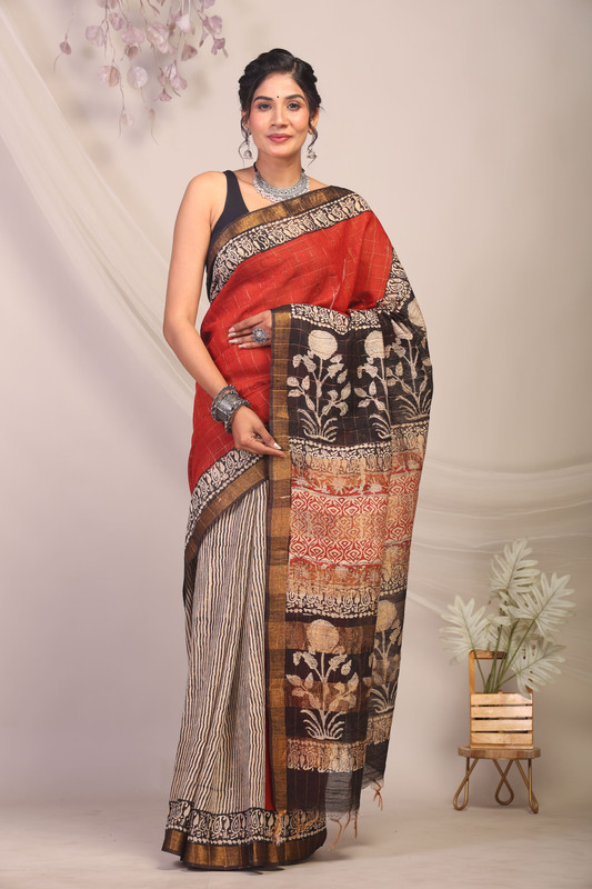 Bhagalpuri Cotton Silk Multicolor Hand Block Ethnic Saree With Blouse