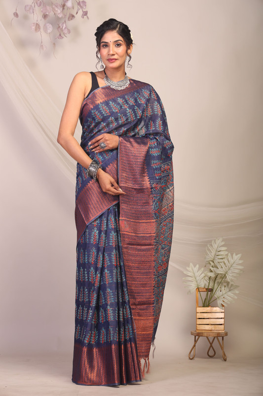 Bhagalpuri Cotton Silk Navy Blue Hand Block Ethnic Saree With Blouse