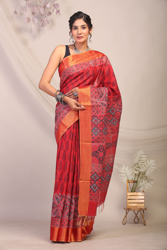 Bhagalpuri Cotton Silk Red Hand Block Ethnic Saree With Blouse
