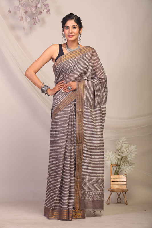 Bhagalpuri Cotton Silk Brown Hand Block Ethnic Saree With Blouse
