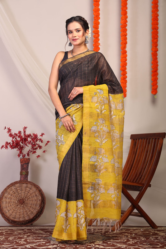 Bhagalpuri Cotton Silk Black & Olive Green Hand Block Ethnic Saree With Blouse