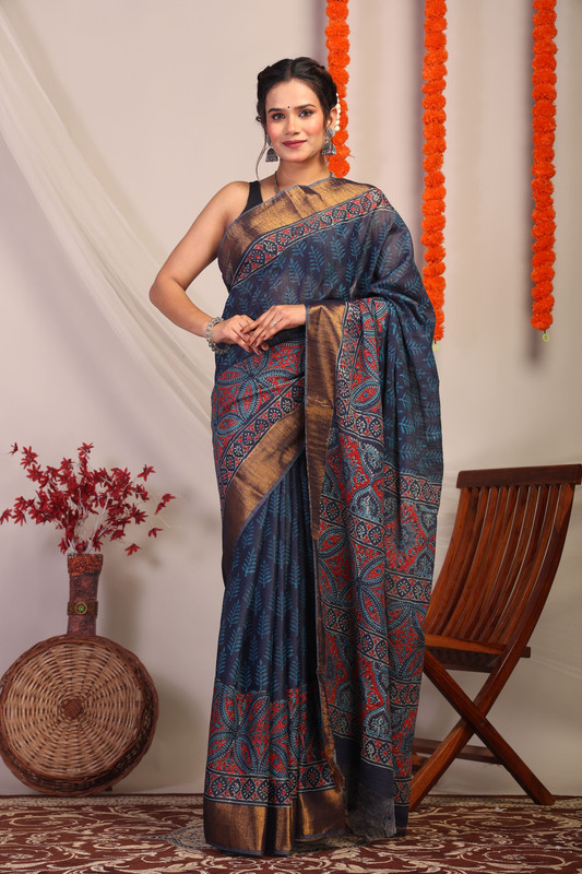 Bhagalpuri Cotton Silk Navy Blue Hand Block Ethnic Saree With Blouse