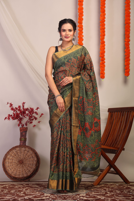Bhagalpuri Cotton Silk Green Hand Block Ethnic Saree With Blouse
