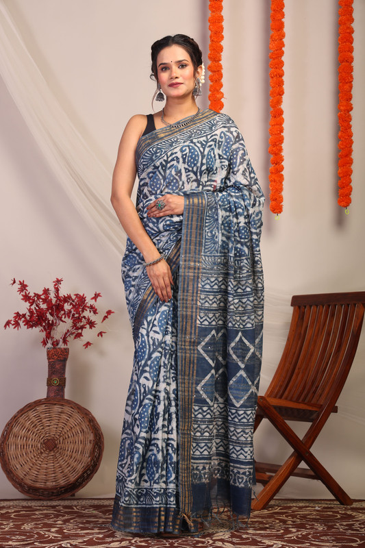 Bhagalpuri Cotton Silk Indigo Blue Hand Block Ethnic Saree With Blouse
