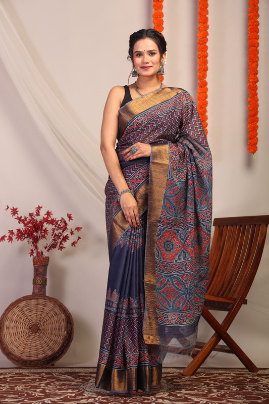 Bhagalpuri Cotton Silk Navy Blue Hand Block Ethnic Saree With Blouse