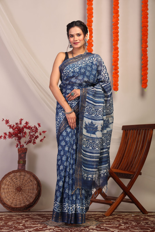 Bhagalpuri Cotton Silk Indigo Blue Hand Block Ethnic Saree With Blouse