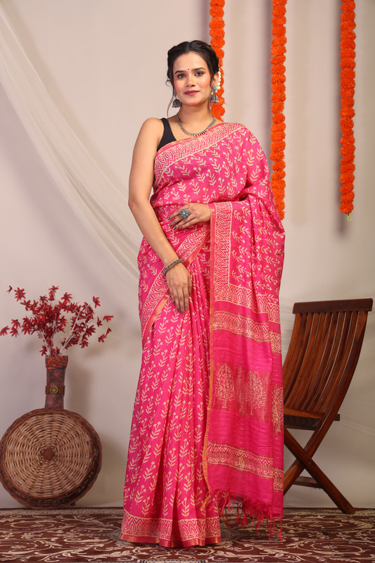 Bhagalpuri Cotton Silk Rani Pnk Hand Block Ethnic Saree With Blouse