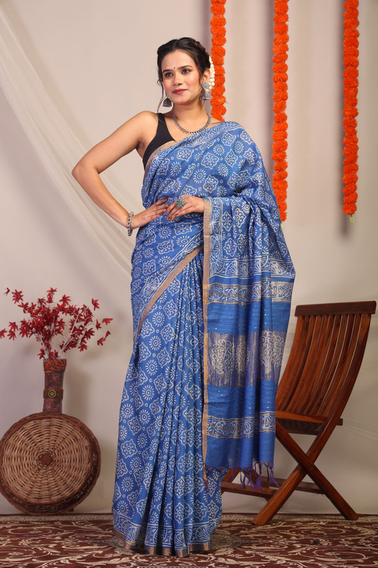Bhagalpuri Cotton Silk Blue Hand Block Ethnic Saree With Blouse