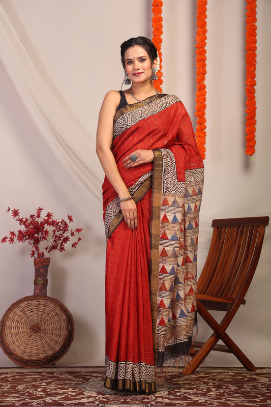Bhagalpuri Cotton Silk Red & Multicolor Hand Block Ethnic Saree With Blouse